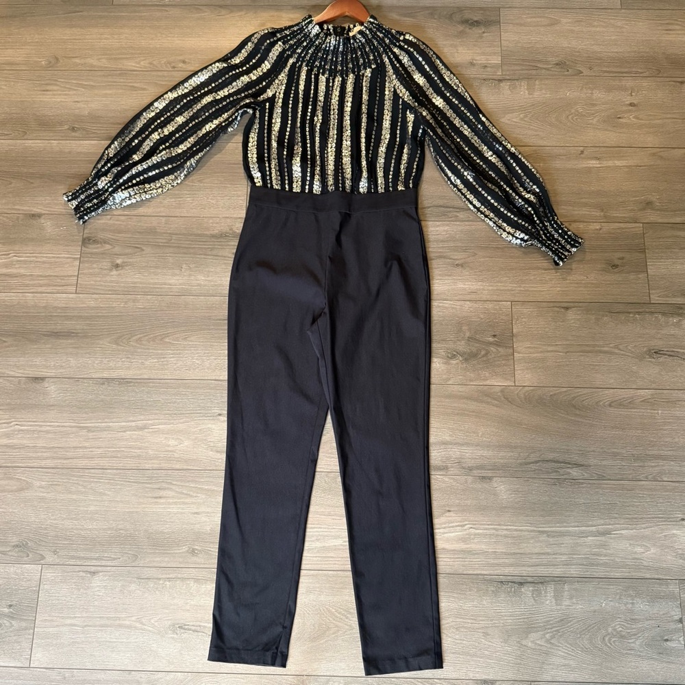 Michael Kors Size 10 Black and Metallic Silver Jumpsuit with Striped Top